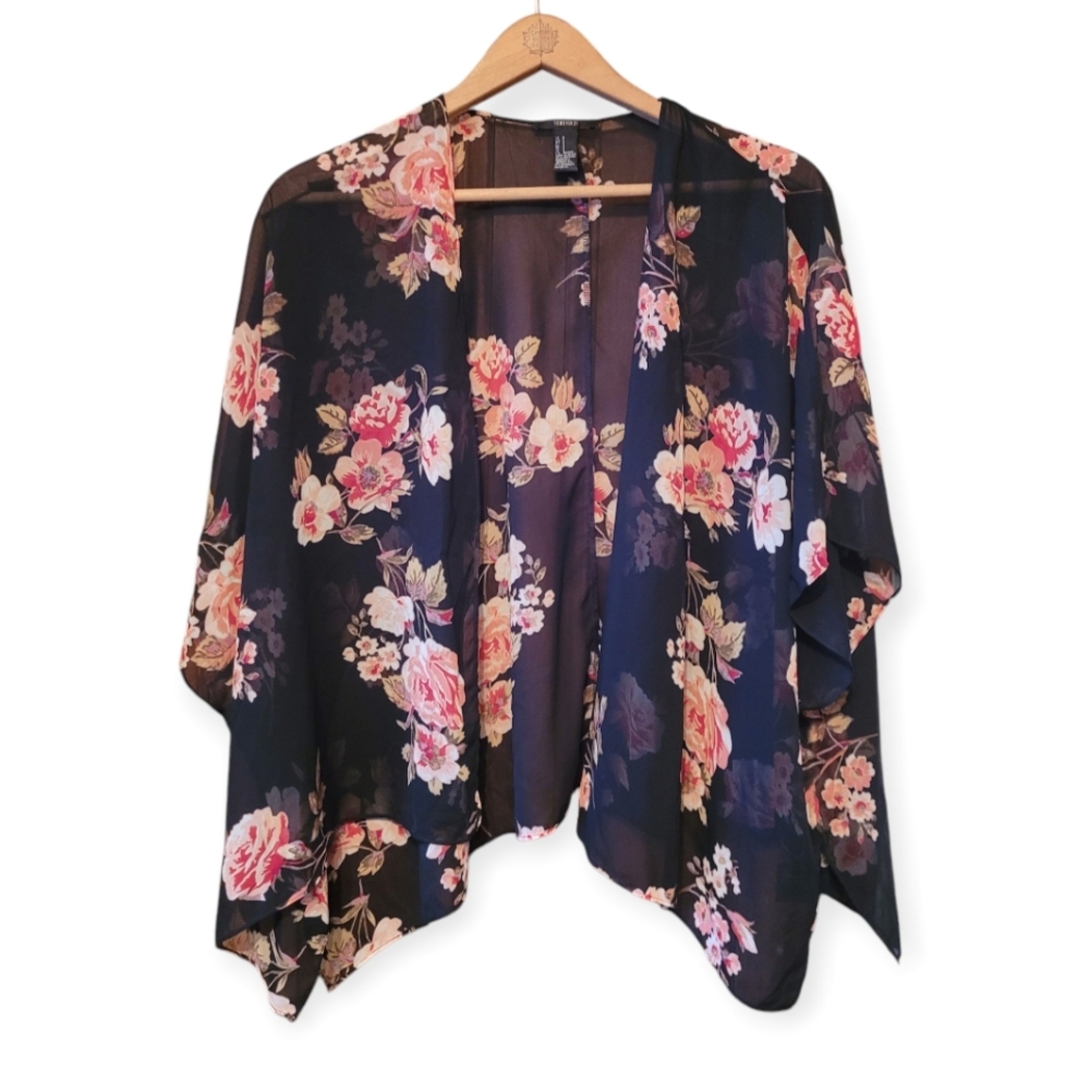 Sheer Dark Floral Cropped Kimono Coverup Black With Roses Small